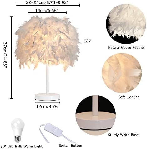 1 Pack Feather Table Lamp Bedside Lamp Feather Bedside Lampshade Table Light White Base with 3W Bulb for Living Room, Bedroom, Bar, Restaurant, Home Decor, S