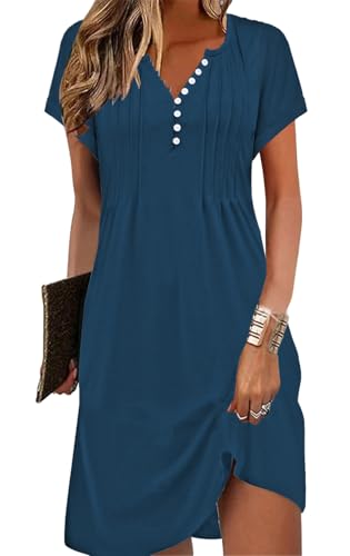 Soesdemo Womens Summer Dresses Short Rolled Sleeve Pleated Button Down V Neck Casual Beach Shift Sundresses with Pockets