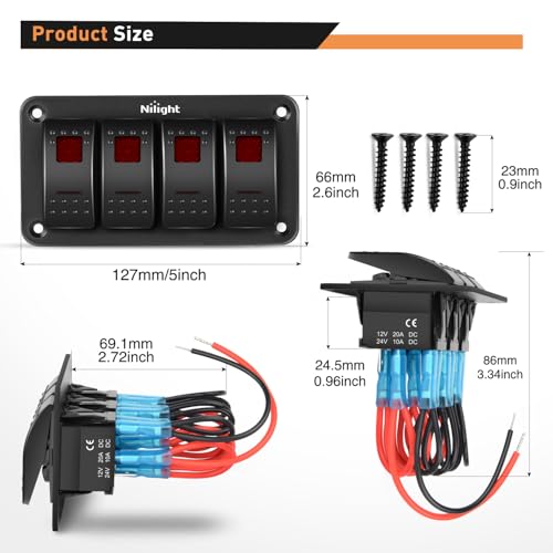 Image of Nilight 4 Gang Rocker Switch Panel SPST On Off Toggle with DIY Label Sticker | 5PIN Electrical 12V /20A 24V /10A Aluminum Plate with Pre-Wired Jumper Wires for LED Light Bar RV Boats 4X4 Cars Red