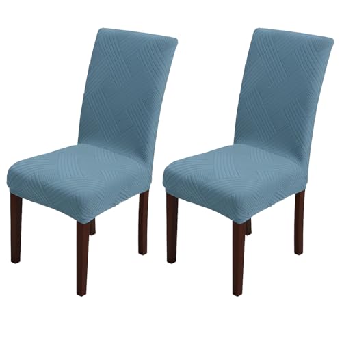 Image of House of Quirk Elegant Jacquard Chair Cover - 220 GSM Stretch Fabric, Universal Fit, Washable Short Dining Seat Protector Slipcover (Light Blue, Pack of 2)