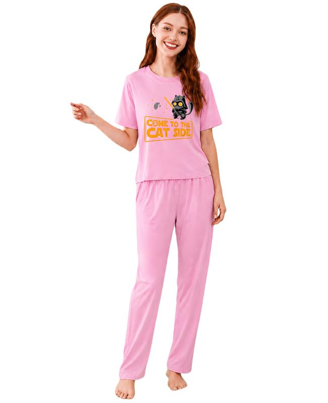 elvia Women's Pure Cotton Top and Pyjama Co-Ord Set | Printed Night Suit | Regular Fit Half Sleeve Round Neck T-Shirt with Pajama Loungewear Sleepwear Set for Women (Pink, 3XL)-picture-41