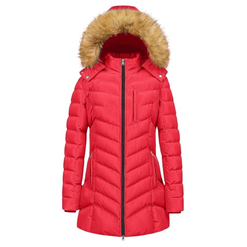 Image of BUKKNYE Winter Coats for Women UK Women's Down Jacket Mid Lenght Winter Puffer Coats Ladies Lightweight Waterproof Jackets with Faux Fur Hood Plus Size Slim Trench Coat Red