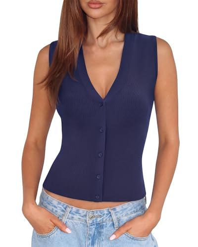 Image of SUUKSESS Women Sleeveless Sweater Tops Summer V Neck Button Down Vest Tops Business Casual Work Shirts