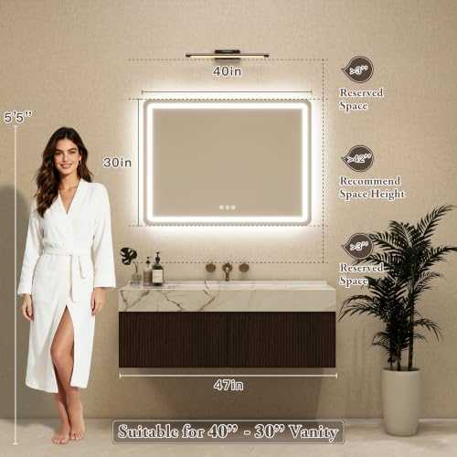 Image of 40 inch x 30 inch Led Bathroom Mirror with Lights, Anti-Fog & Tri-Color Lighting - Wall Mounted Shaving Mirror with Touch Sensor, Waterproof & Smart LED Vanity Mirror,Tempered Glass, Dimmable Smart Mirror