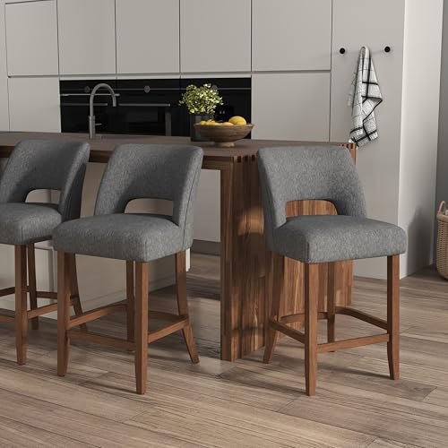 Image of VKNOW Bar Stools Set of 2, 26 inch Upholstered Counter Height Bar Stools, Modern Counter Stools with Wood Legs for Kitchen Island Dining Room Bar, Charcoal