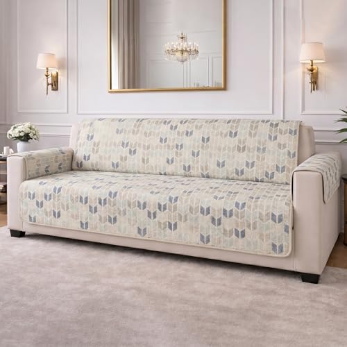 Image of STITCHNEST 'CloudFeel Series' Quilted Printed Velvet Sofa Cover for 2 Seater | Premium Soft Velvet Sofa Protector | Beige Blue Geometric Leaf Pattern Design with Armrest Pockets | Furniture Cover