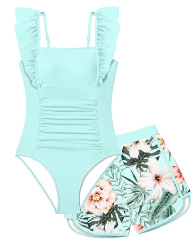 Image of NECIOUS Girls Swimsuit Ruffle Adjustable Straps One Piece Bathing Suit Solid Color Ruched Girls' Swimwear 9-16Y