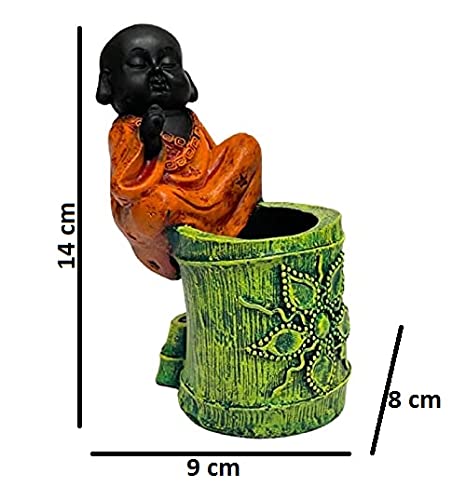 Image of AUGEN Pen Stand Decorative Hand Painted Orange Buddha Design Stationery Holder | Gift Item | Table Top Decor (2047)