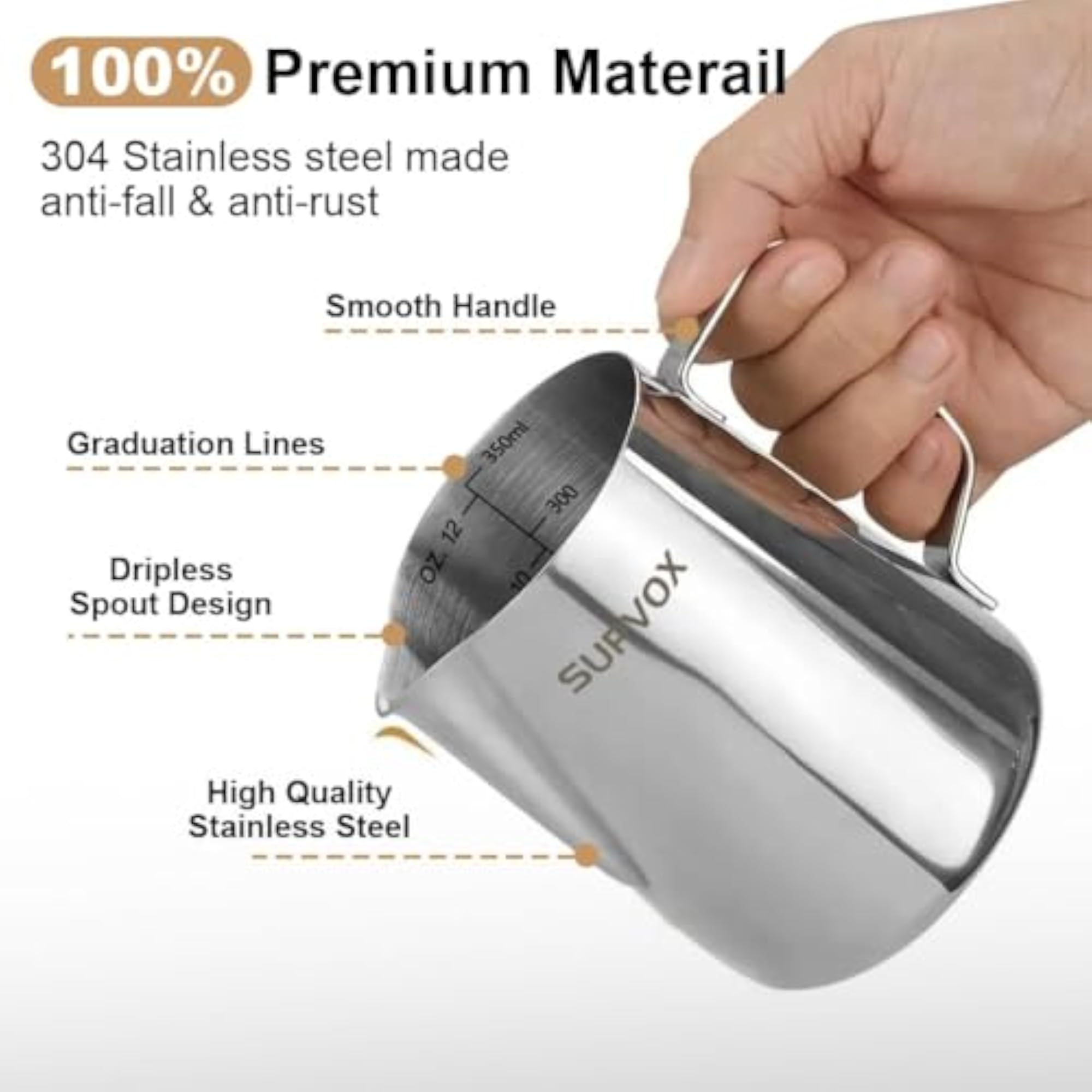 12oz Stainless Steel Milk Frothing Pitcher with Scale, Espresso Jug