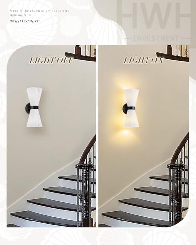 Image of Black Wall Sconces Set of Two, HWH Modern Wall Light Fixtures Indoor Wall Lamp Up and Down, Matte Black Finish with Frosted Milk White Striped Glass Shade, 5HZG97B-2W-2PK BK