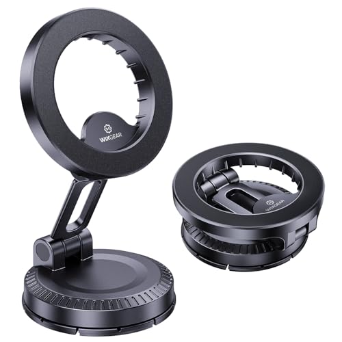 WixGear Stick-On Foldable Magnetic Car Mount Dashboard Phone Holder, Strong Magnet Mount for MagSafe iPhone & All Smartphones, 3M VHB Adhesive Dashboard Mount, 360° Adjustable Compact Design