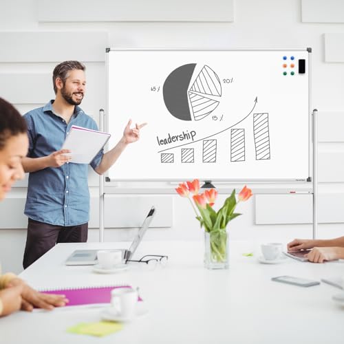 Image of Large Dry-Erase Rolling Magnetic Whiteboard - 48 x 32 Inches Dry Erase Board with Stand Height Adjust Double Sides Mobile White Board Easel on Wheels with 25 Sheets Paper Pad Office, Home & Classroom