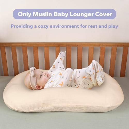 Image of FUNUPUP Muslin Baby Lounger Cover Only, Beige & Plaid | 100% Muslin Cotton Soft Breathable Easy On /Off Envelope Closure Machine Washable Easy-Clean Protector Neutral Colors