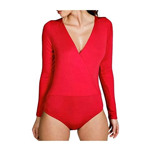 66 Fashion District New Ladies Women Plain Wrap Over Plunge Long Sleeve Leotard Bodysuit Top (Red, XXL 20-22 UK) Cover