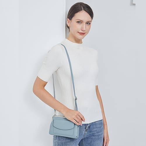 Genuine Leather Small Shoulder Bag for Women Kiss Lock Fashion Phone Purse (Blue)3