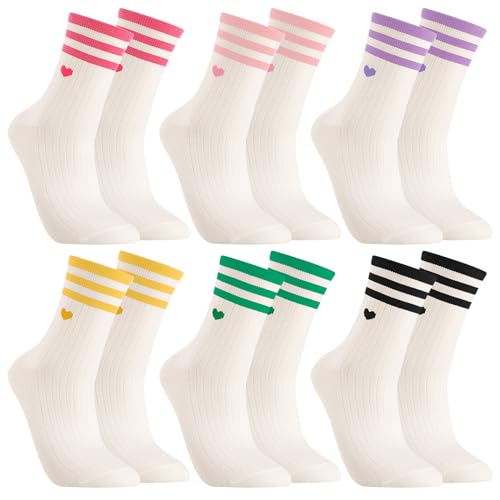 Image of Jspupifip Heart Socks 6 Pairs Crew Athletic Cotton Women Striped Socks with Retro Stripes Hearts