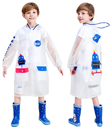 HSTiSan Boys Girls Raincoat Waterproof Hooded Kids Rain Poncho Outdoors Student Rainwear Durable Windbreaker Blue Robot 9-10 Years