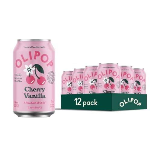 OLIPOP - Cherry Vanilla Sparkling Tonic, Healthy Soda, Prebiotic Soft Drink, Aids Digestive Health, Contains Prebiotics & 9g of Plant Fiber, Caffeine Free, Low Calorie, Low Sugar (12 oz, 12-Pack)