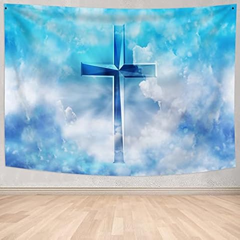 Christmas Cross Tapestry Wall Hanging Jesus Christ Tapestry Blue Crucifix Wall Tapestry Spiritual Wall Decoration for Living Room Bedroom, 59"x39.3" Cover