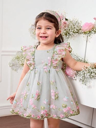 Image of Tagas Girls' Knee-Length Dress|Elegant Floral Embroidered Baby Girl Party Dress with Bow|Soft Net Layered Frock for Birthday, Wedding & Festive Occasions|Comfortable & Stylish