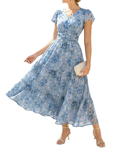 GRACE KARIN Wedding Guest Dresses Gray-Blue with Blue and White Flowers L