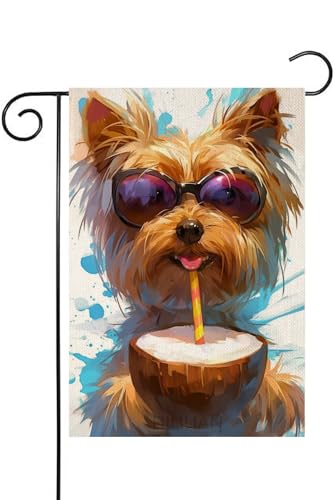 HILILIAN Welcome Summer Yorkie Garden Flag 12x18 Inch Double Sided Outside, Party Holiday Burlap Yard Outdoor Decoration(3709)