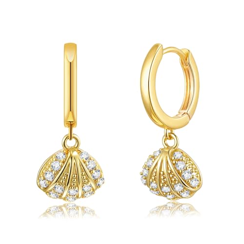 SANNYRA Shell CZ Huggie Earrings for Women - 14K Gold Plated Beach Sea Cubic Zirconia Drop Dangle Earrings - Seashell Conch Beachy Jewelry Gift