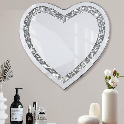 LXARTZJ Crystal Crush Diamond Heart Shaped Silver Mirror for Wall 12x12 inch Wall Hang Frameless Sparkly Mirror Glass for Bedroom, Living Room
