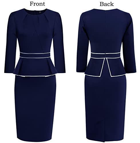Image of VFSHOW Womens Pleated Crew Neck Peplum Slim Work Business Dress Elegant 3 /4 Sleeves Office Church Bodycon Pencil Sheath Dress