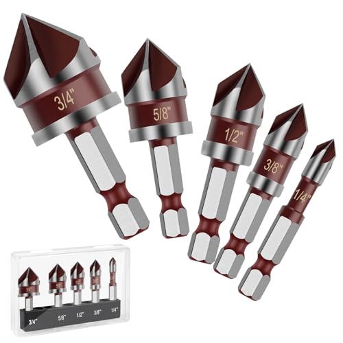 Countersink Drill Bit, 5PCS 82 Degree HSS 1/4'-3/4' with 1/4' Hex Shank Countersink Drill Bit Set, Counter Sink Drill Bit for Wood, Metal, Plastic, Countersink Bit for Woodwork