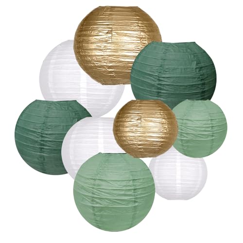 Image of Paper Lanterns Decorative, Hanging Paper Lanterns Party Decorations for Graduation Wedding Baby Shower Tropical Jungle Theme Birthday Party Decorations Sage Green /Gold /White 9pcs