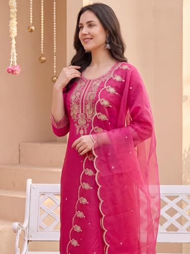 Image of INDO ERA Women's Silk Blend Embroidered Thread Work Kurta & Pant with Dupatta Set | Suit Set For Women