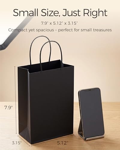 Image of SUNCOLOR Black Gift Bags with Handles, 24-Pack, 8 inch Small | Kraft Paper, For Party Favors, For Halloween, For Weddings, For Special Events