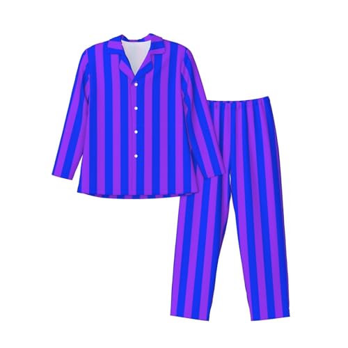 Blue And Purple Stripes Mens Pajamas Set Button Down Sleepwear Set Long Sleeve Loungewear With Pockets3