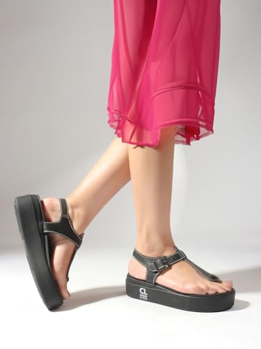 Image of Carlton London Women's Platform T-Strap Sandals, Modern Flatform Sandals for Summer, Casual & office use