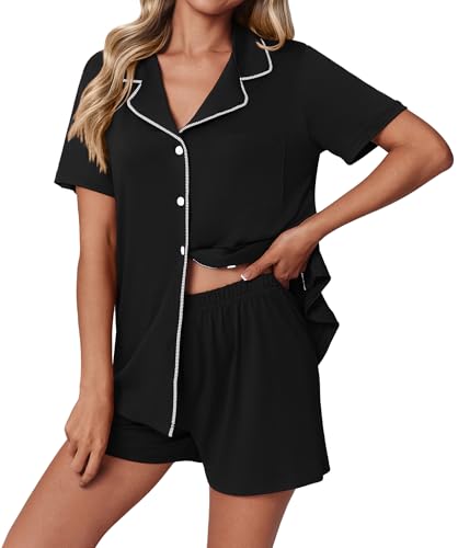 Ekouaer Pajamas Set for Women 2 Piece Pjs Short Sleeve Sleepwear Button Down Lounge Shorts Sets Black Small