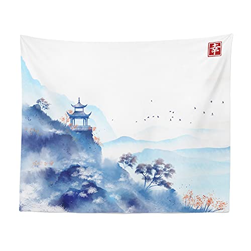 Blue Japanese Landscape Tapestry - Scene Mountain Scenic Oriental Asian Wall Hanging DÃ©cor Tapestries Art - Giant 88" H x 104" W inches - W.Francis American Made