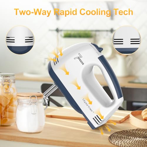 Image of LILPARTNER Hand Mixer Electric, Ultra Power Kitchen Hand Mixer With 7-Speed & 5 Stainless Steel Accessories for Whipping Dough, Cream, Cake, Dishwasher Safe, Light White