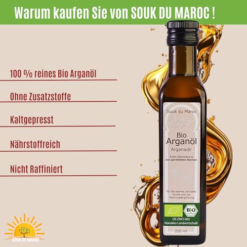 Bio Arganöl Speiseöl geröstet kaltgepresst Arganadir aus Marokko, 250ml 100% rein Vegan Bio-Arganöl für Küche, Salate & Nahrungsergänzung Gourmet-Speiseöl Fair Trade