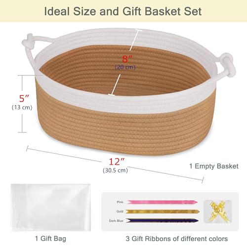 Image of Small Empty Gift Basket with Bag & Ribbons, White & Camel