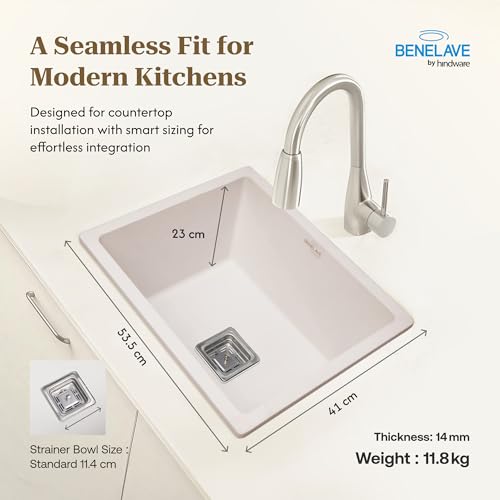 Image of Benelave by Hindware BLACP91010 Quartz Sink 21x18 for Kitchen | Single Bowl | White Color | Better Sound Absorption for Quieter Use | 7-year Manufacturer Warranty
