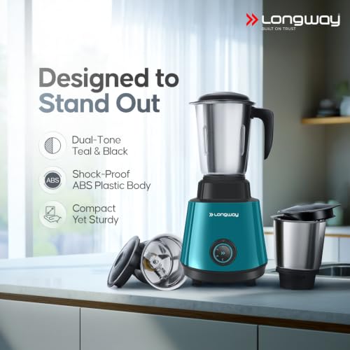 Image of Longway Super Pro Mixer Grinder | 500 Watt Powerful Motor | 3 Jars for Grinding, Mixing, Juicing (Teal & Black, 3 Jars)