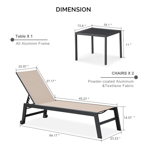 Image of PURPLE LEAF Chaise Lounge Outdoor Set of 2 with Wheels, Aluminum, Beige | 5-Position Reclining Back, Rustproof Frame, Quick-dry breathable textilene, UV-Blocked Fabric, Side Table Include, for Pool