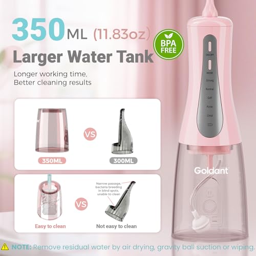Image of 2026 New 350ML Water Flosser with Drainage & Storage Stand, Keeps Dry & Clean, 5 Modes, 360Nozzle, Cordless Rechargeable, IPX7 Waterproof, Portable for Home & Travel (Pink)