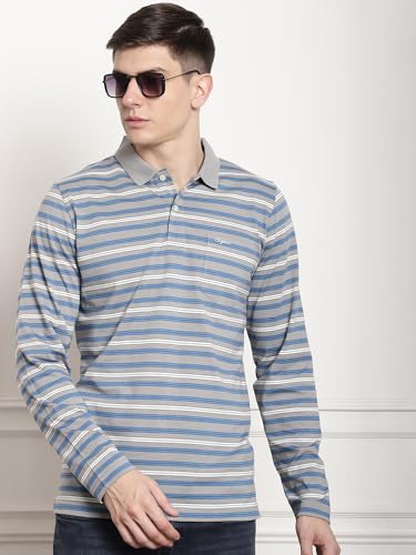 Image of Men's Cotton Full-Sleeve Polo Collar Striped T-Shirt