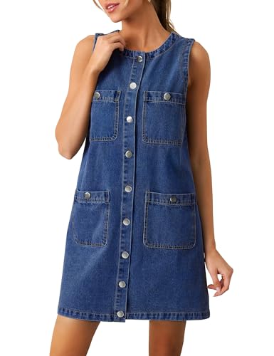 POLIRO Denim Dress for Women, Sleeveless Jean Dress Button Down Dresses Casual Summer Denim Mini Dresses with Pockets