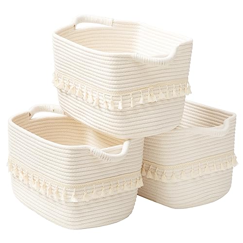 Image of TeoKJ White Cotton Rope Baskets for Storage, Set of 3 Woven Clothes Basket for Organizing and Storage, Blanket Basket for Living Room Laundry Bathroom Shelves