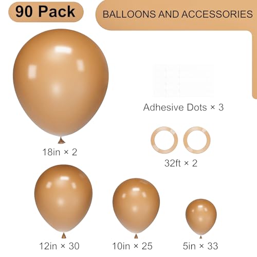 Image of Voircoloria 90pack Brown Balloons Different Size 18 /12 /10 /5 Inch Brown Balloon Garland Arch Kit for Graduation, Wedding, Birthday, Princess Theme Party, Valentine's Day Party Decorations