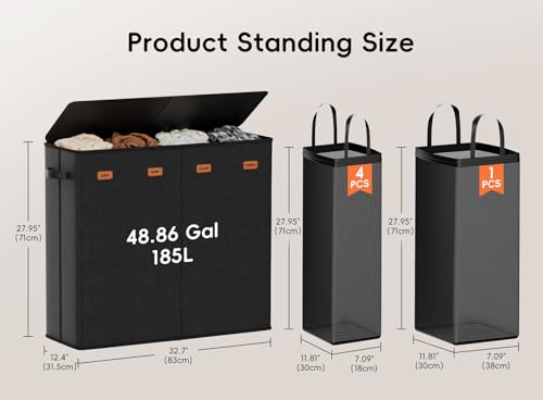 Image of 185L Laundry Hamper 4 Section with Lid | 4 Removable Bags + 1 Extra Large Bag, Switchable 3 /4 Compartment, Laundry Basket Organizer for Bedroom, Laundry Room