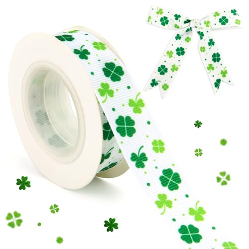 St Patricks Day Ribbon 7/8 Inch 10 Yards White Green Ribbon for Flower Bouquet St Patricks Ribbons Shamrock Clover Ribbons St Pattys Day Grosgrain Saint Patricks Fabric for Gift Wrapping Crafts DIY
